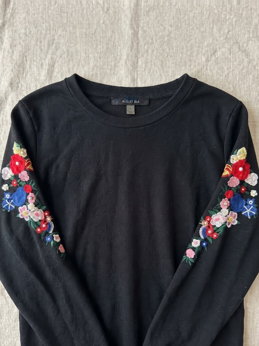 August Silk Black Embroidered Floral Pearl Sleeve Sweatshirt Large L